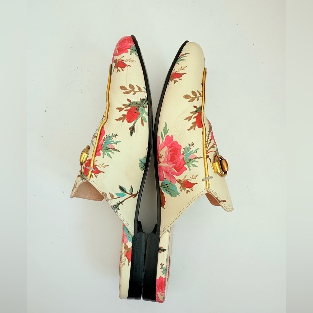 Gucci Cream Floral Leather Horsebit Mules with Pink Accents - Picture 3 of 9